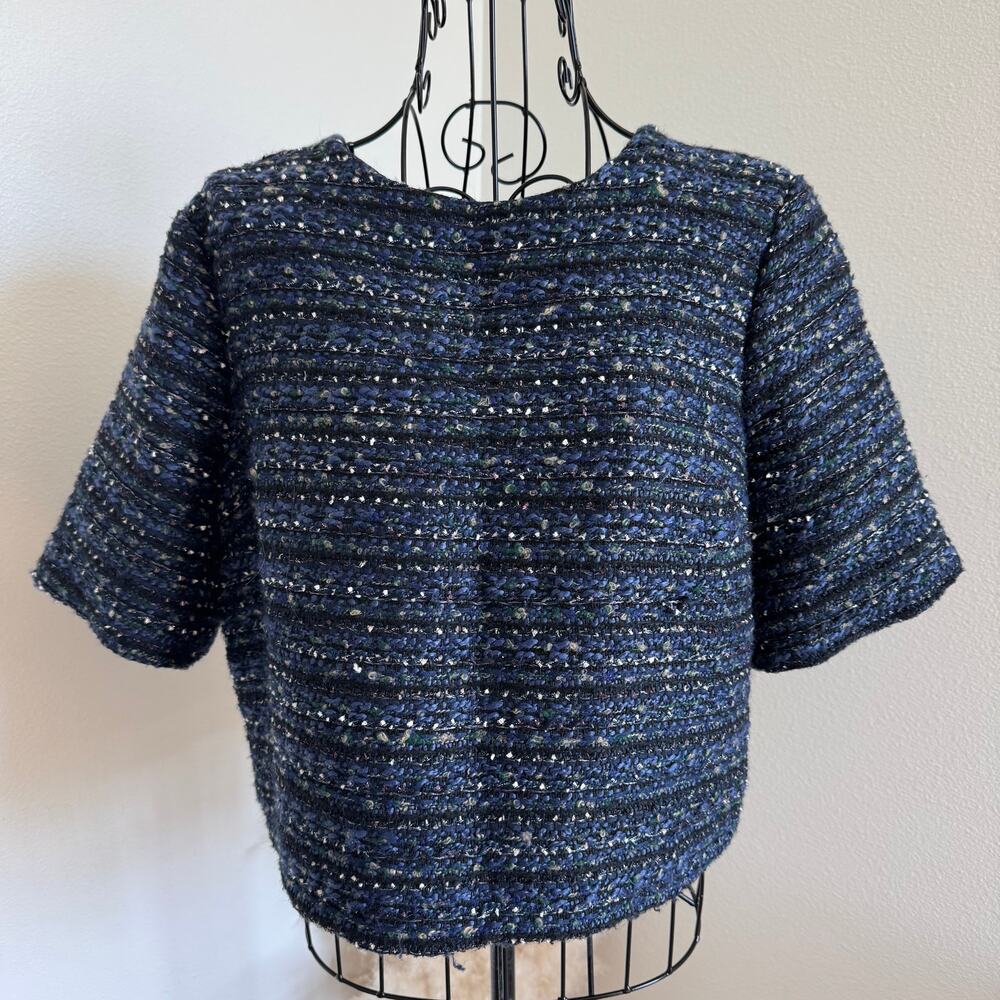 Hyacinth House Navy Tweed Georgie Top Short Sleeve Crop Blouse Tuckernuck-Preppy